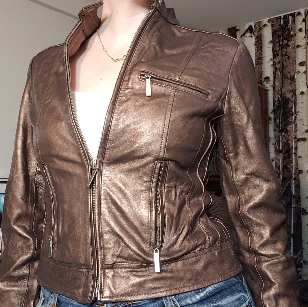 kenzie Metallic Brown Faux Leather Moto Jacket